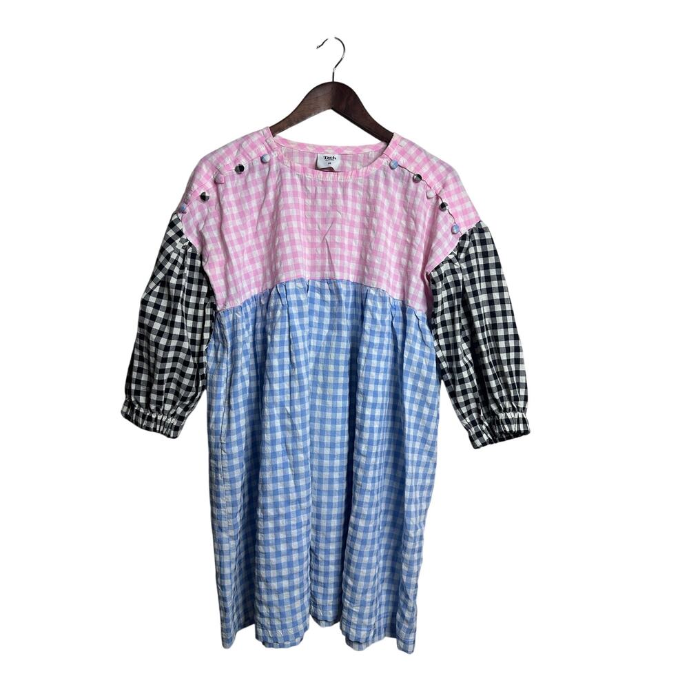 Tach Clothing Catarina Cloque Dress size M Gingham Mix Puff Sleeve Colorblock - Picture 3 of 12